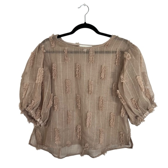 Taupe brown sheer statement puff sleeve pin stripe boxy oversized top M - Picture 4 of 14